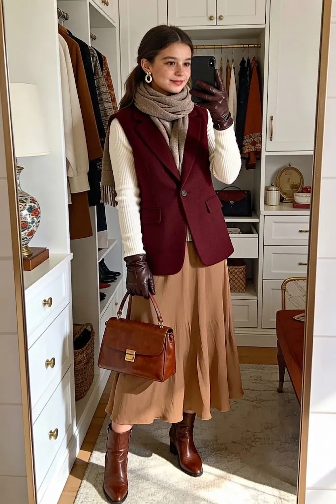 Mahogany Wool Vest with Camel Maxi Skirt