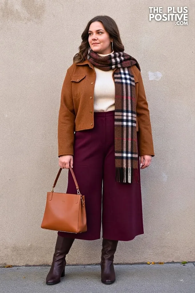 Maple Brown Cropped Jacket with Wine Pleated Trousers