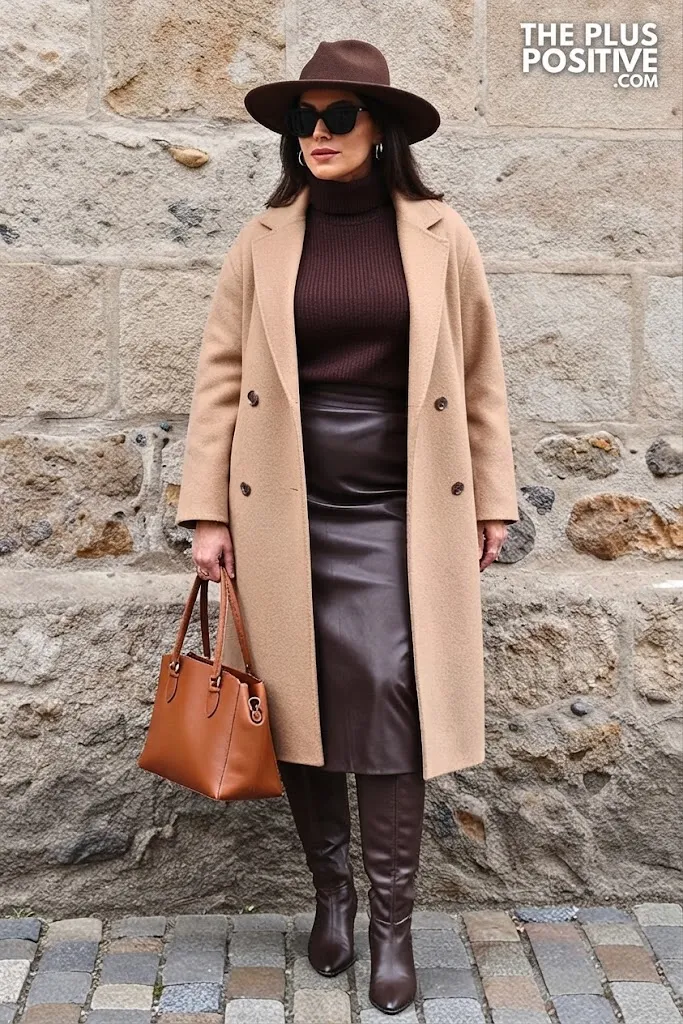 Maple Chunky Turtleneck With Dark Chocolate Faux Leather Midi Skirt