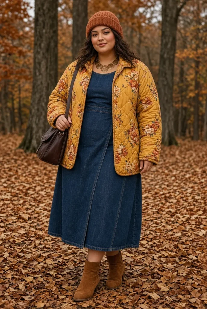 Marigold Floral Quilt Jacket with Dark Denim Midi Dress