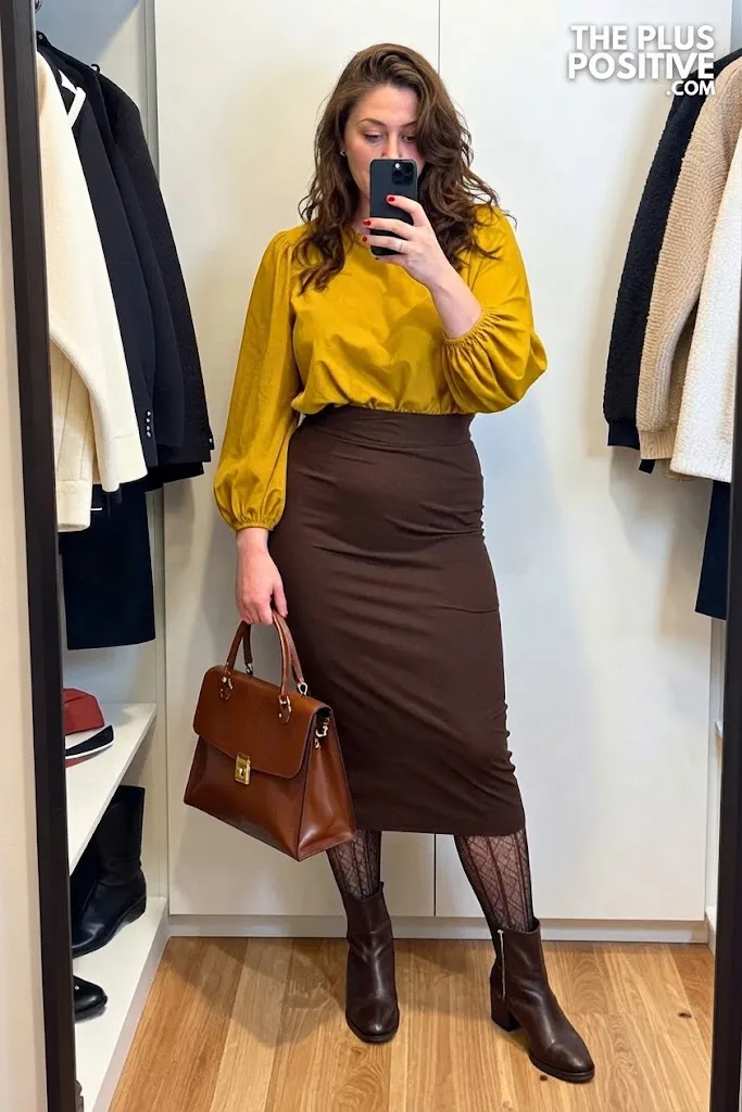 Marigold Puff Sleeve Blouse with Coffee Pencil Skirt