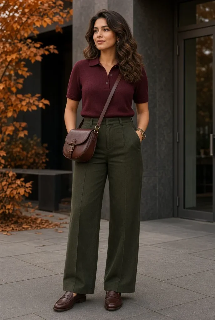 Merlot Knit Polo with Deep Moss Wide-Leg Jeans