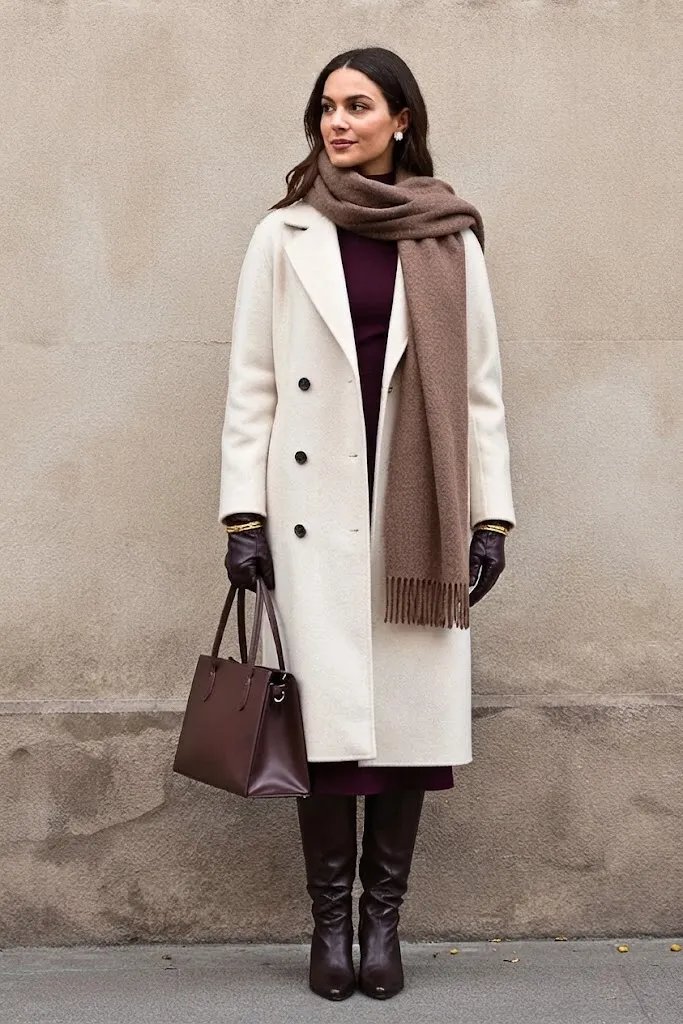 Merlot Mock-Neck Dress with Long Wool Coat