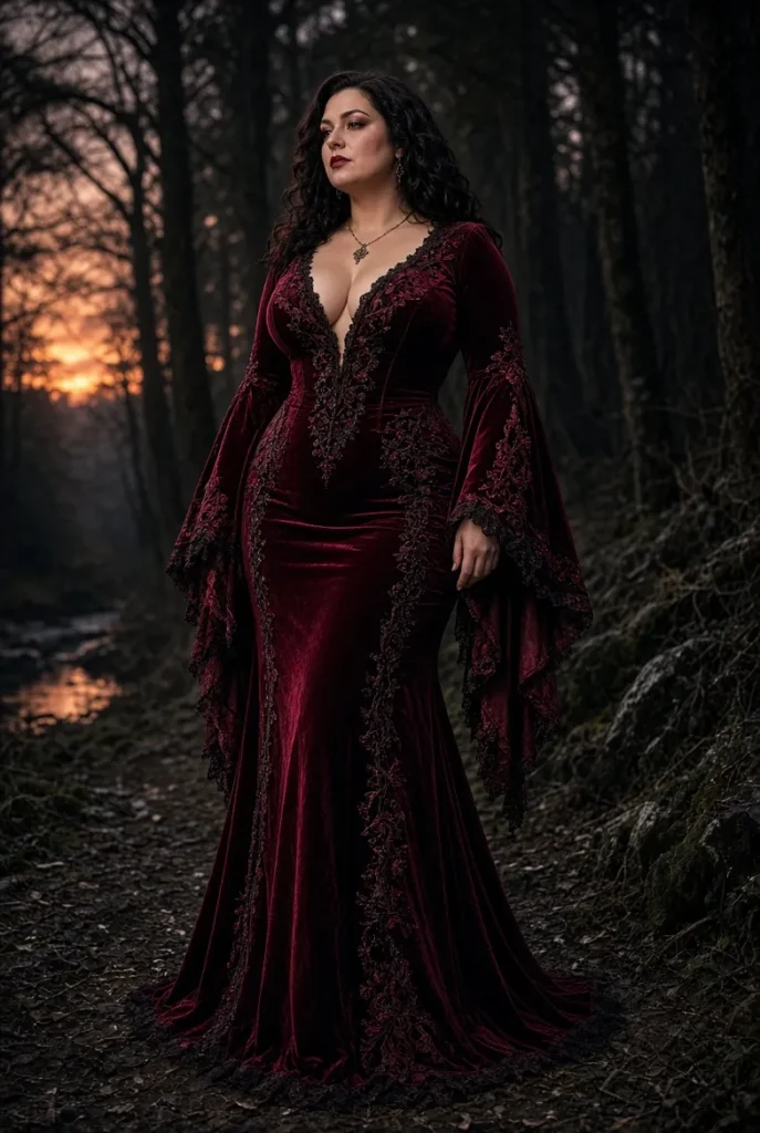 Midsize Burgundy Witches Gothic V-Neck Trumpet Sleeve Velvet Lace Maxi Dress