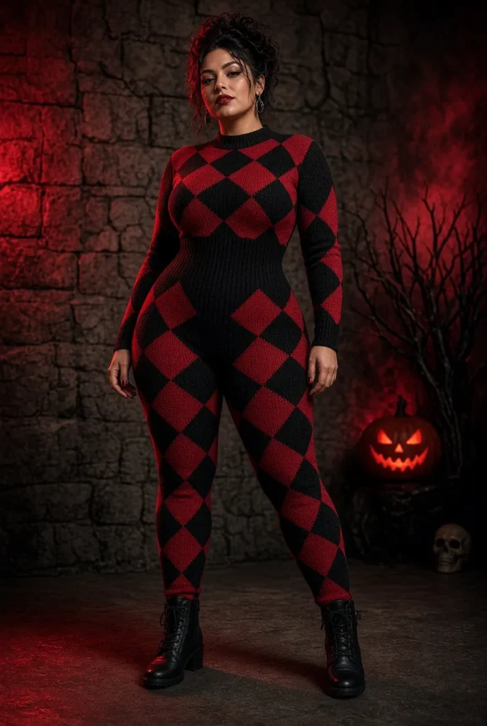Midsize Casual Halloween Costume Red All Over Print Long Sleeve Knitted Jumpsuit
