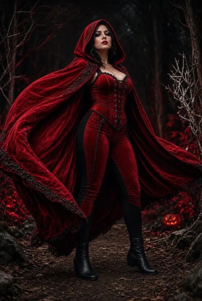 Midsize Gothic Red Cosplay Cloak Velvet Jumpsuit