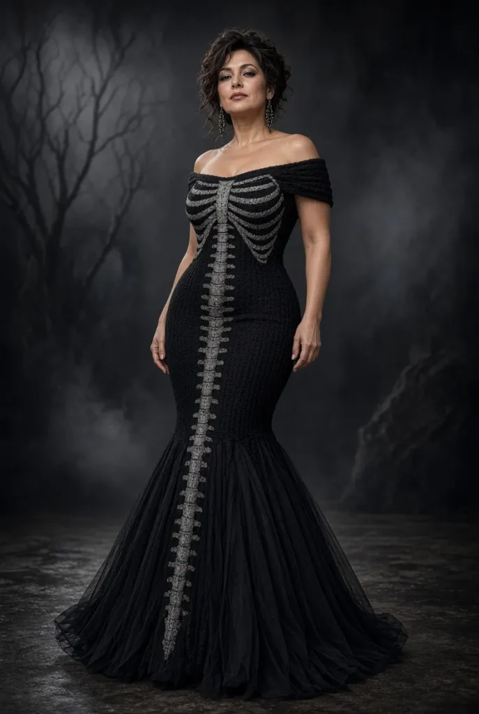 Midsize Halloween Costume Black Off Shoulder Skeleton Mermaid Knitted Maxi Dress