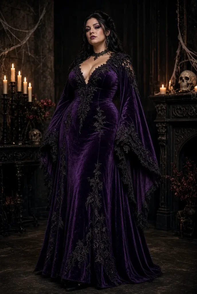 Midsize Purple V-Neck Trumpet Sleeve Lace Bat Velvet Maxi Dress