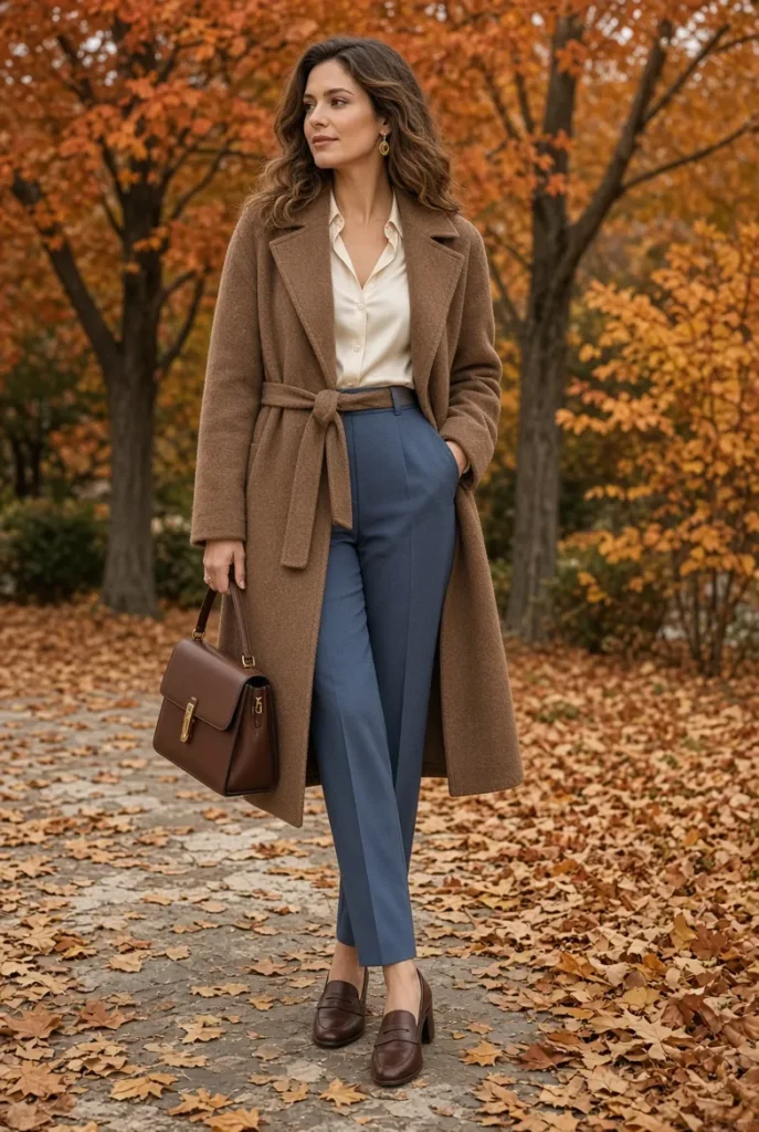 Mocha Belted Wool Coat with Slate Blue Tailored Pants