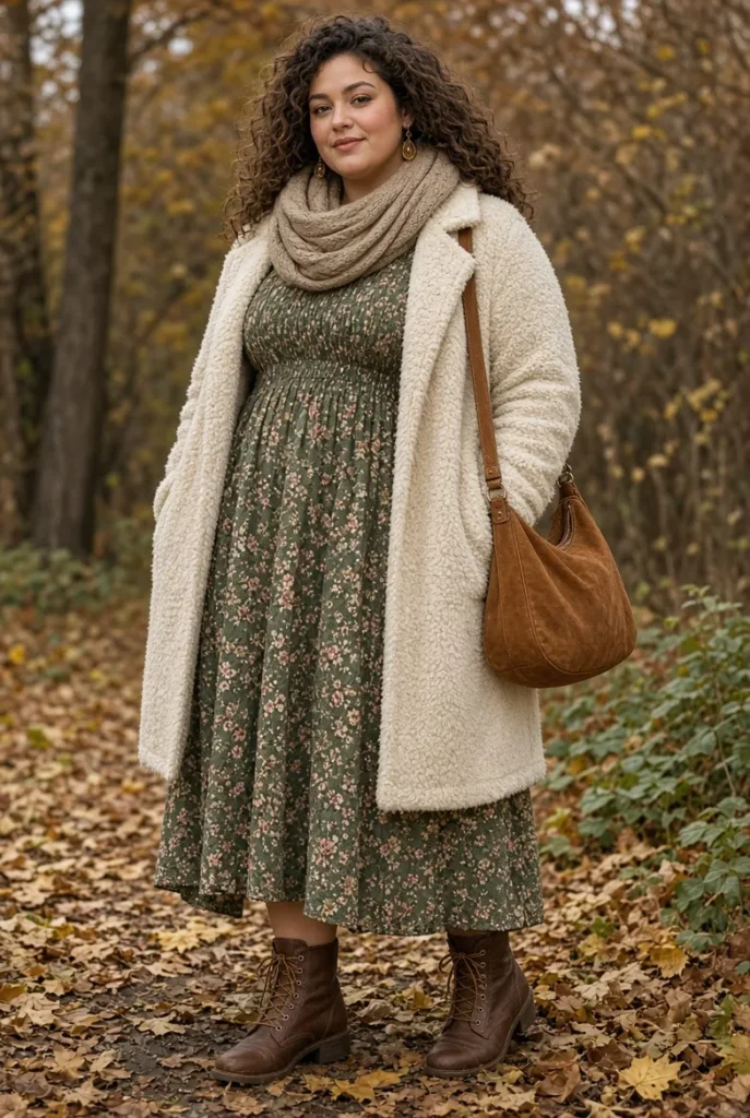 Moss Floral Smocked Dress with Long Sherpa Vest