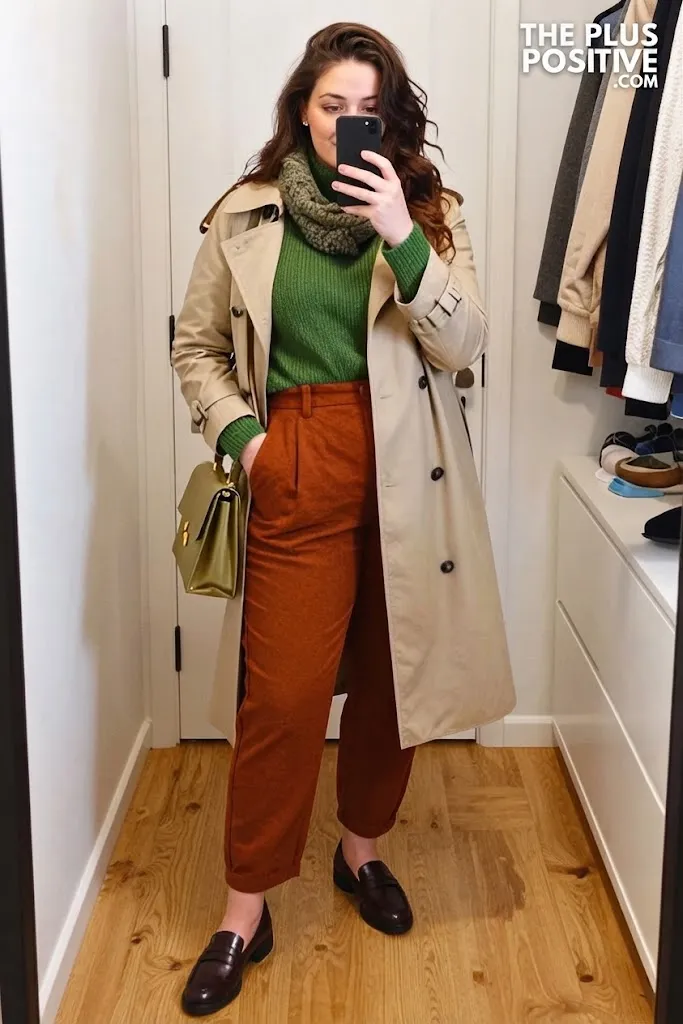 Moss Green Mock Neck with Rust Barrel-Leg Trousers