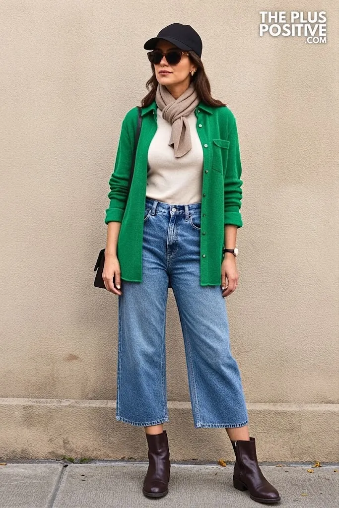 Moss Green Overshirt with Soft Denim Culottes