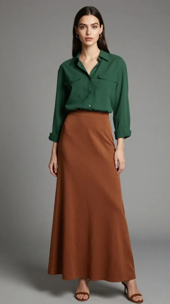 Moss Green Utility Shirt with Cinnamon Maxi Skirt