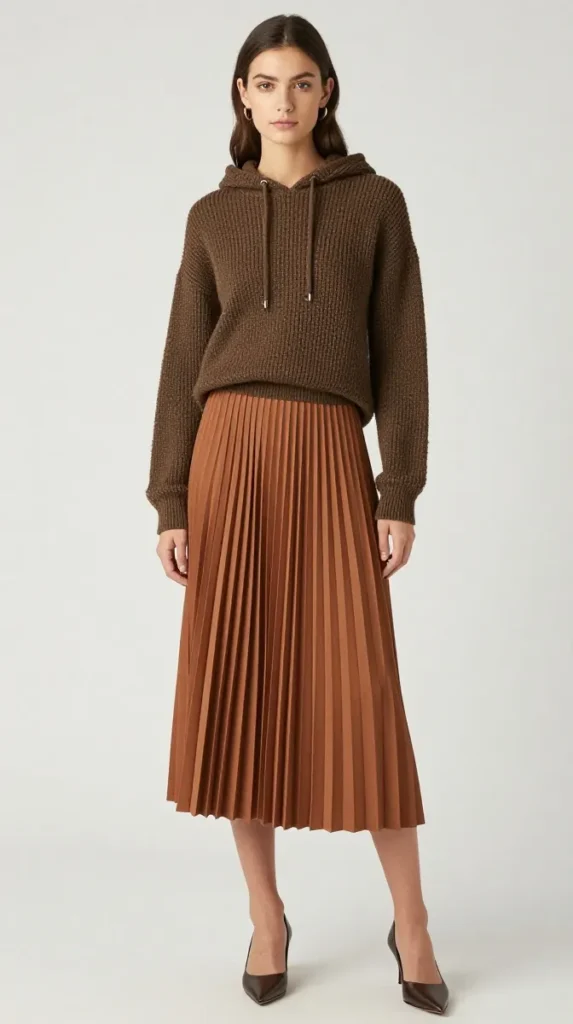 Moss Knit Hoodie with Cinnamon Pleated Midi Skirt