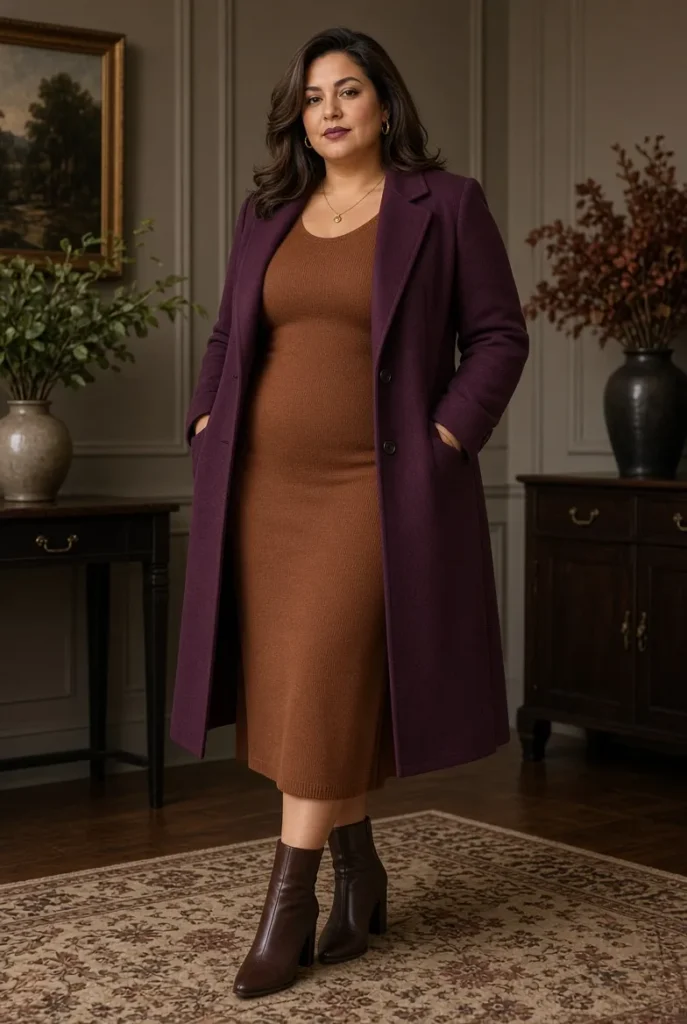 Mulberry Wool Blazer + Cinnamon Midi Dress