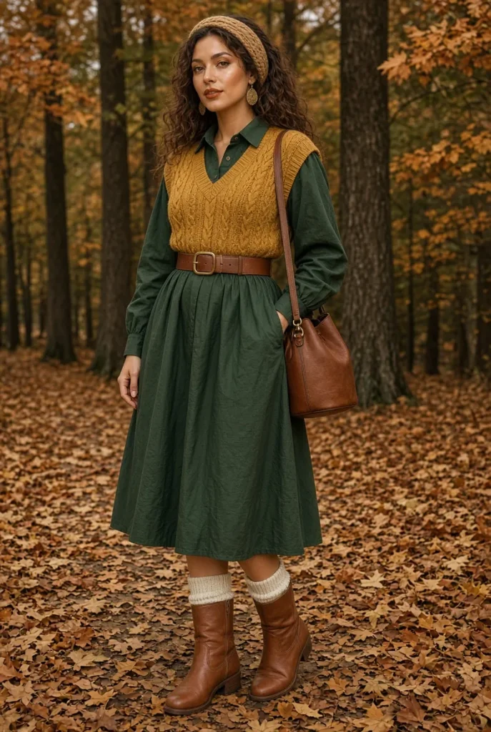 Mustard Cable Vest with Forest Green Poplin Dress