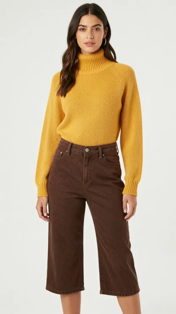 Mustard Funnel Neck Sweater with Chocolate Denim Culottes