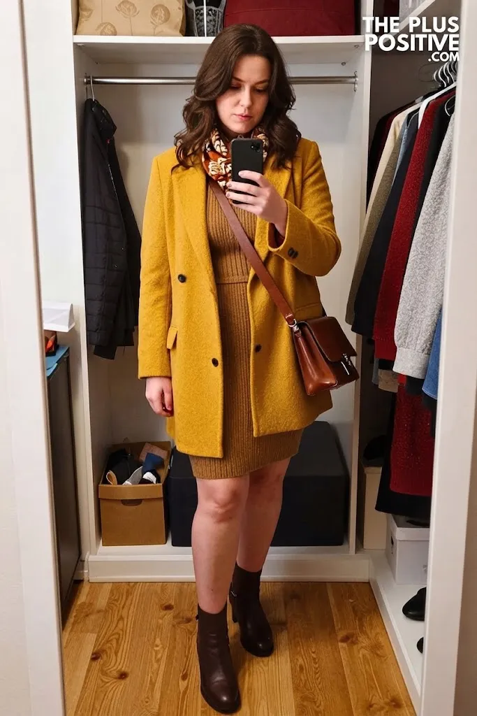 Mustard Textured Blazer with Espresso Knit Column Dress