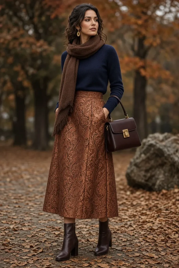 Navy Cashmere Sweater with Copper Jacquard Midi Skirt