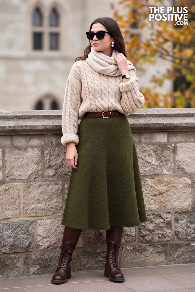 Oatmeal Cable Knit with Deep Moss A-Line Wool Skirt