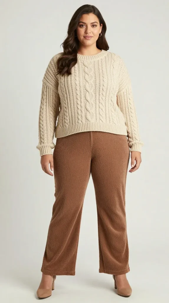 Oatmeal Cable Sweater with Espresso Corduroy Trousers