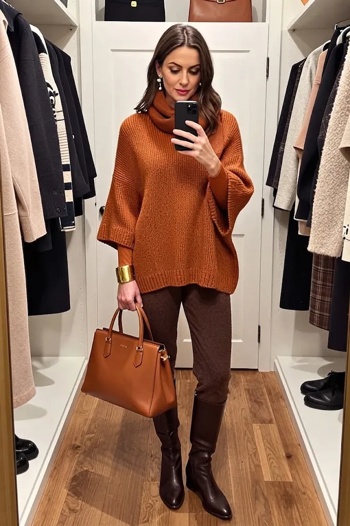 Oatmeal Cape Sweater with Cinnamon Wool Culottes