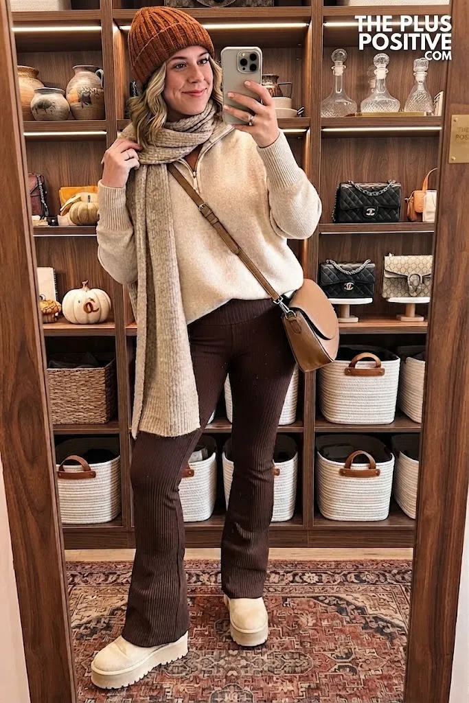 Oatmeal Half-Zip Knit With Espresso Ribbed Flare Leggings