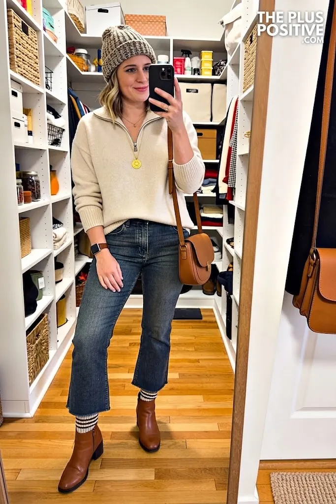 Oatmeal Half-Zip Sweater with Cropped Flare Jeans