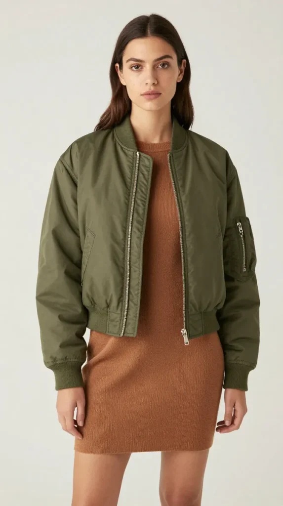 Olive Bomber Jacket with Caramel Knit Dress