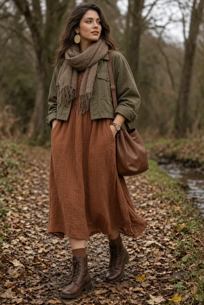 Olive Cropped Field Jacket with Cinnamon Gauze Midi Dress