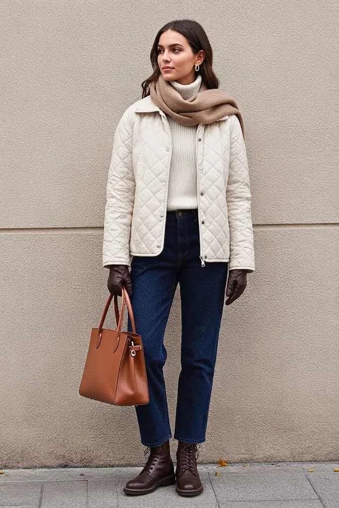 Olive Quilted Jacket with Dark Indigo Straight-Leg Jeans