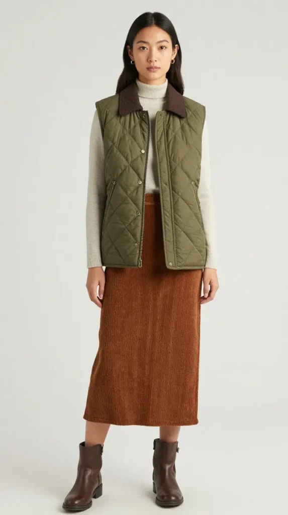 Olive Quilted Vest with Cinnamon Corduroy Skirt