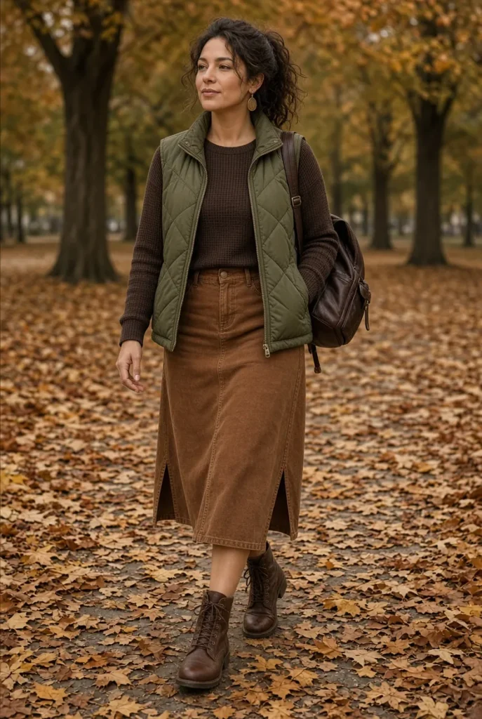 Olive Quilted Vest with Cinnamon Denim Midi Skirt