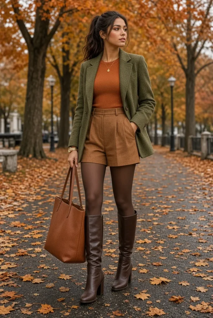 Olive Sweater Blazer with Caramel Pleated Shorts