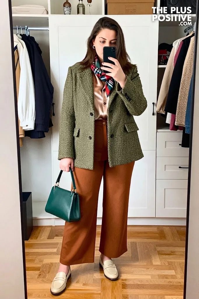 Olive Tweed Jacket with Cinnamon Wide-Leg Trousers