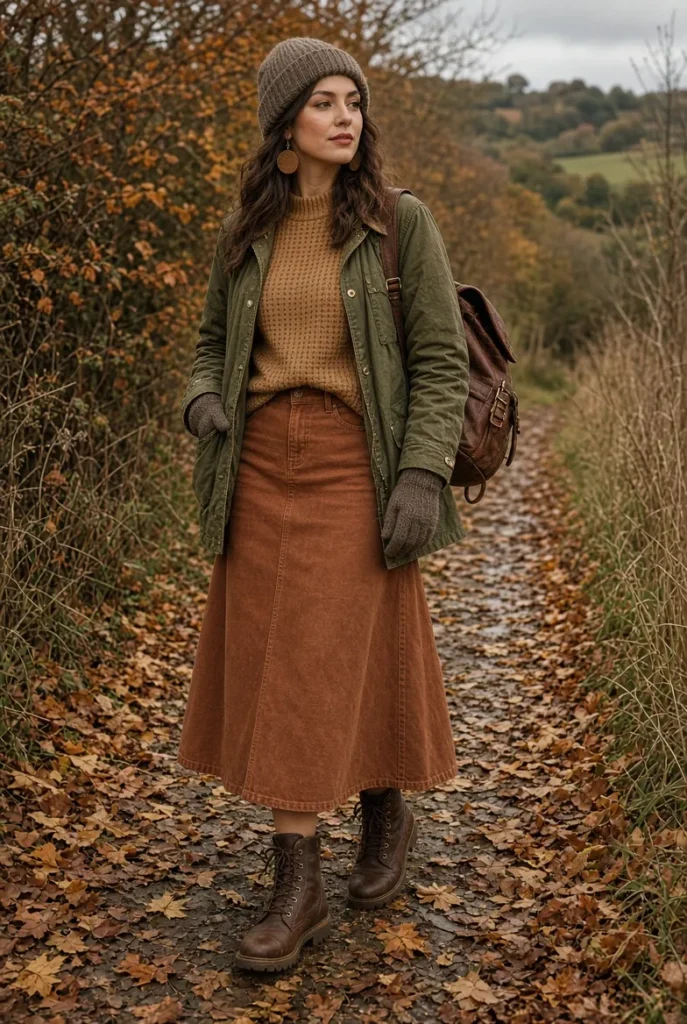 Olive Waxed Jacket with Cinnamon Denim Midi Skirt