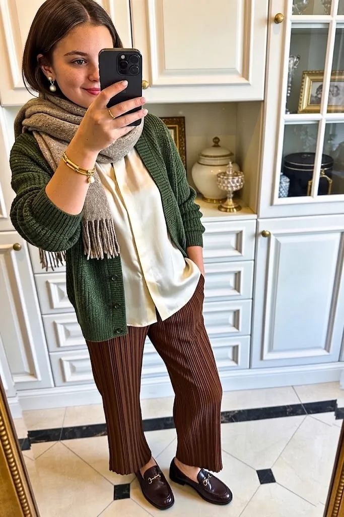 Pine Green Cardigan with Coffee Pleated Trousers