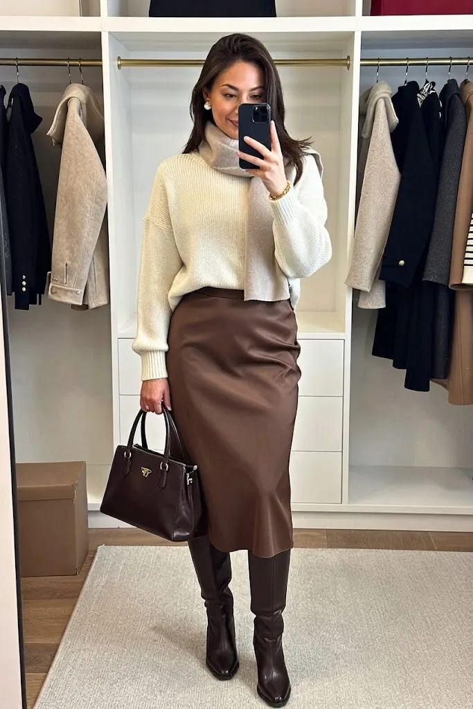 Plum Mock-Neck Sweater with Walnut Satin Midi Skirt