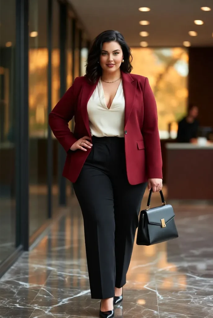 Plus Size Autumn Burgundy Blazer Professional Work Outfit