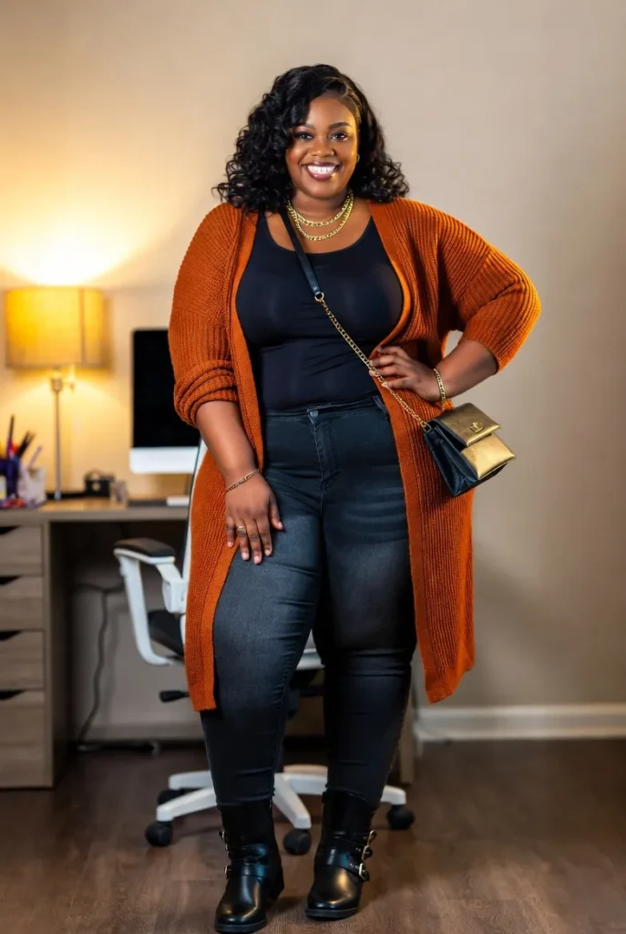Plus Size Autumn Burnt Orange Cardigan Office Work Outfit