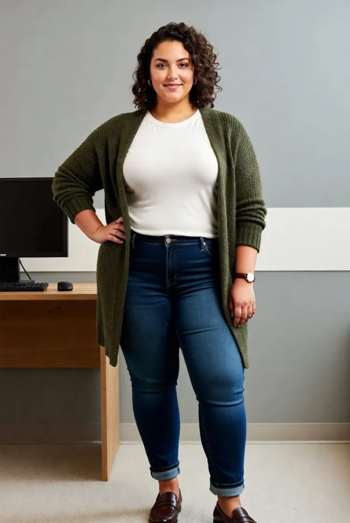 Plus Size Autumn Forest Green Cardigan Casual Work Outfit