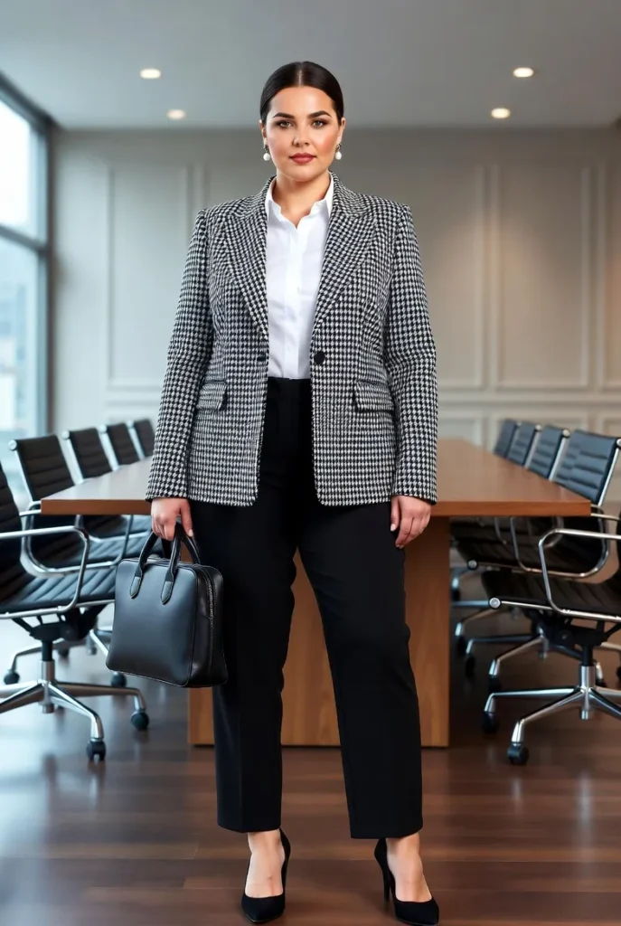 Plus Size Autumn Houndstooth Blazer Executive Work Outfit