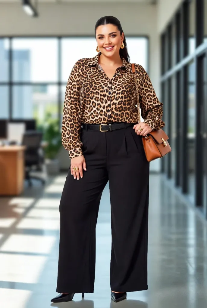 Plus Size Autumn Leopard Print Blouse Office Work Outfit