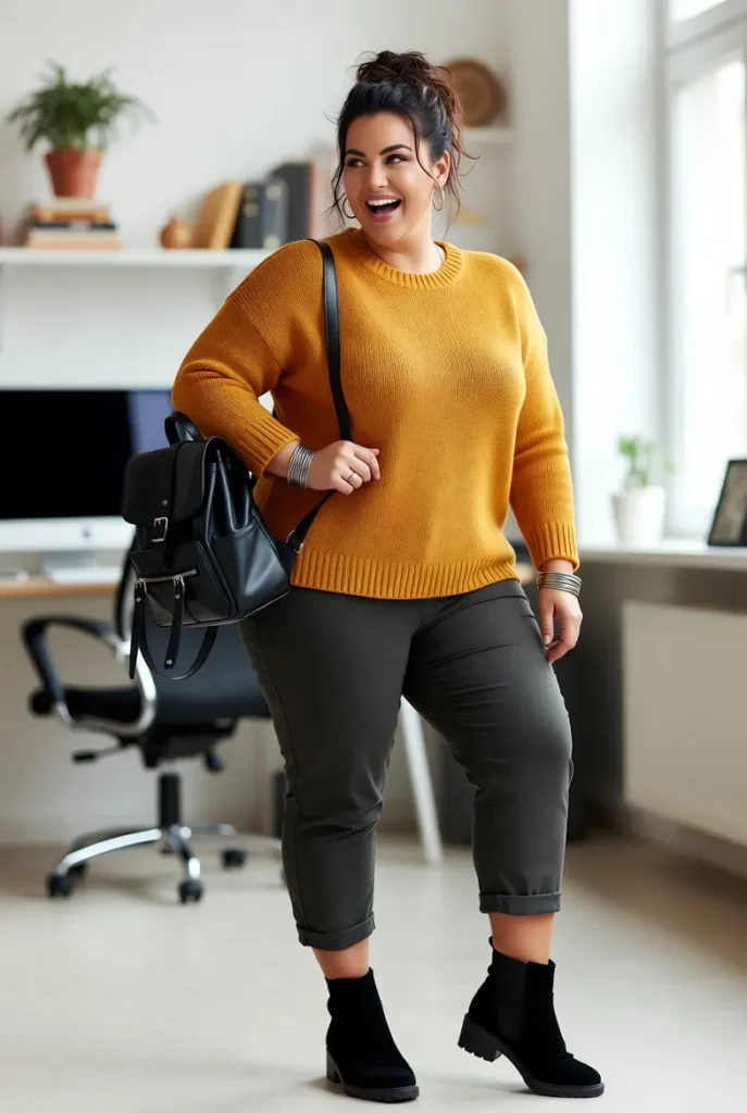 Plus Size Autumn Mustard Sweater Creative Work Outfit