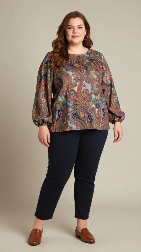 Plus Size Autumn Paisley Blouse Creative Work Outfit
