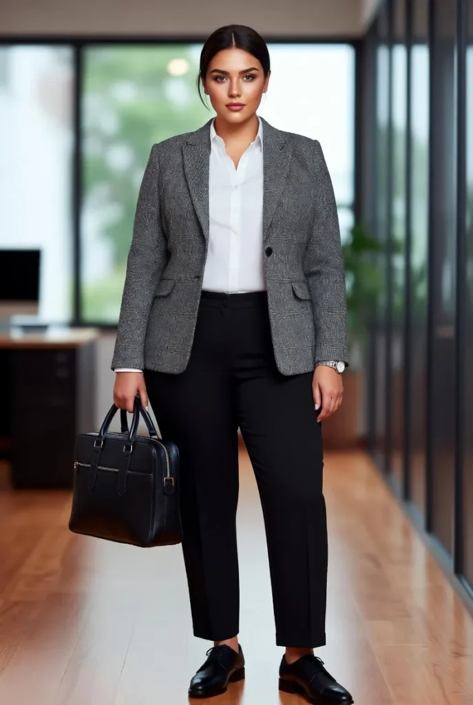 Plus Size Autumn Tweed Blazer Executive Work Outfit