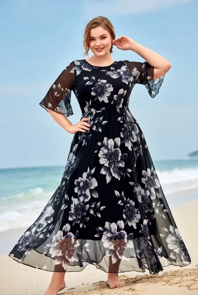 Plus Size Black Floral Round Neck Flare 3/4 Sleeve Pocket 3D Chiffon Maxi Dress