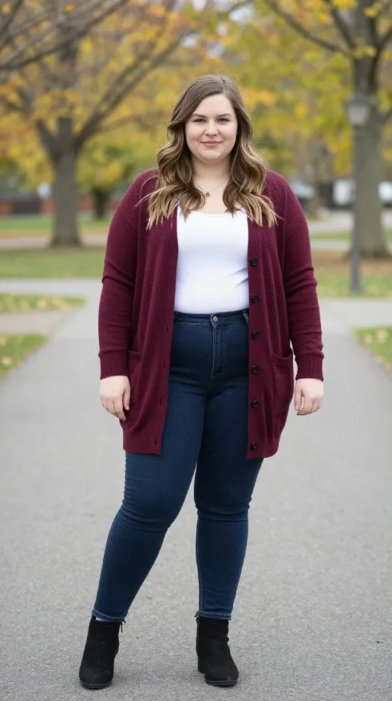 Plus Size Burgundy Cardigan Autumn Outfit