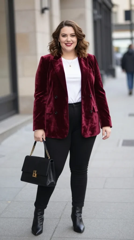Plus Size Burgundy Velvet Blazer Autumn Outfit