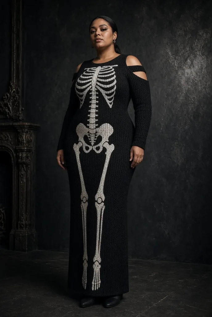 Plus Size Casual Halloween Costume Gothic Black Round Neck Long Sleeve Skeleton Print Knitted Maxi Dress